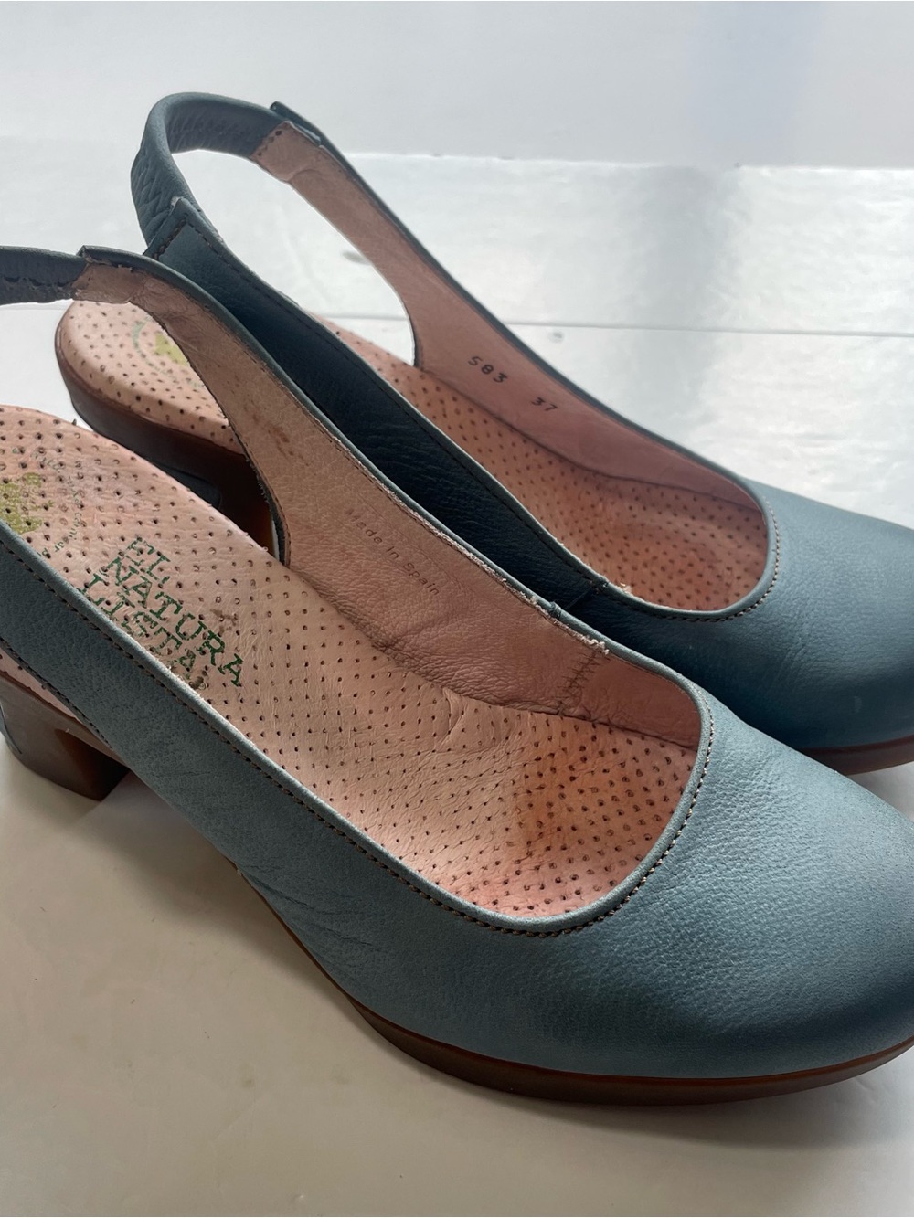 El Naturalista Espiral Blue Leather Slingback Block Heels EU 37 US 6.5-7